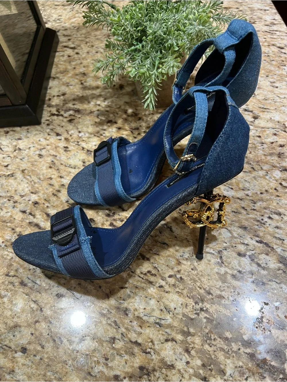 Dolce& Gabbana Patchwork Denim Sandals w/ Baroque DG Heels 40